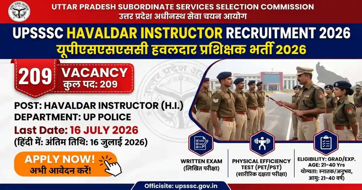 UPSSSC Havaldar Instructor Recruitment 2026 209 Vacancy Apply Online PET 2025